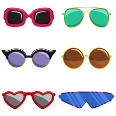 Sunglasses vector set. Fashion and retro style glasses in plastic colorful frame of different shapes. Cartoon icons isolated on white background.