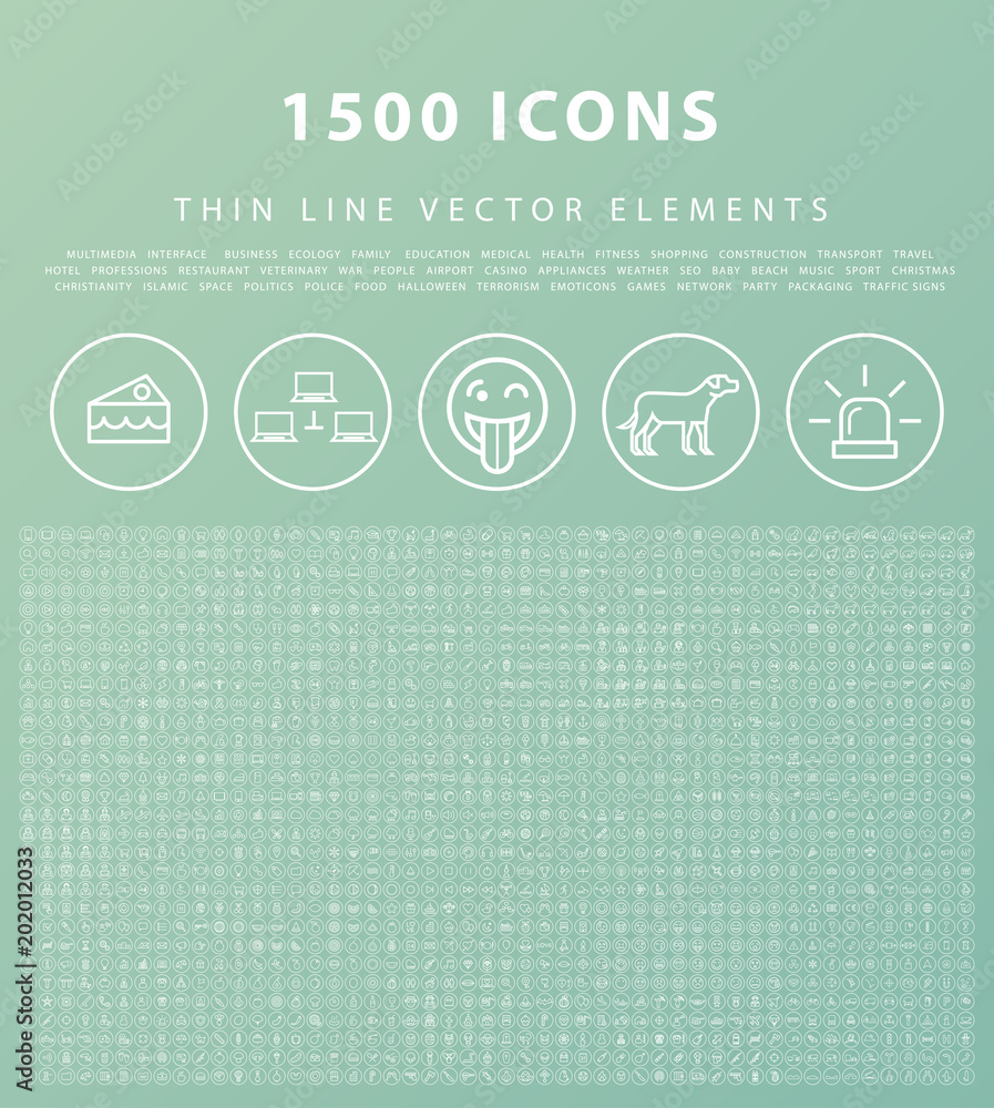Aufkleber set of 1500 universal and standard high quality white icons on circular buttons on color background 