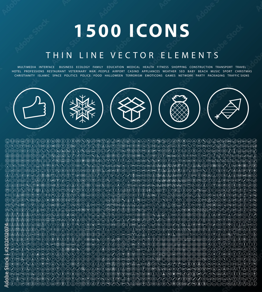 Poster set of 1500 universal and standard high quality white icons on circular buttons on dark background (