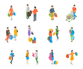 Fototapeta na wymiar Shopping People 3d Icons Set Isometric View. Vector