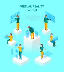 Virtual Reality Glasses Concept with People 3d Isometric View. Vector
