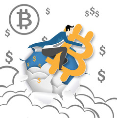 Paper art of business man riding bitcoin  flying through paper of bitcoin hand drawing background , business concept.