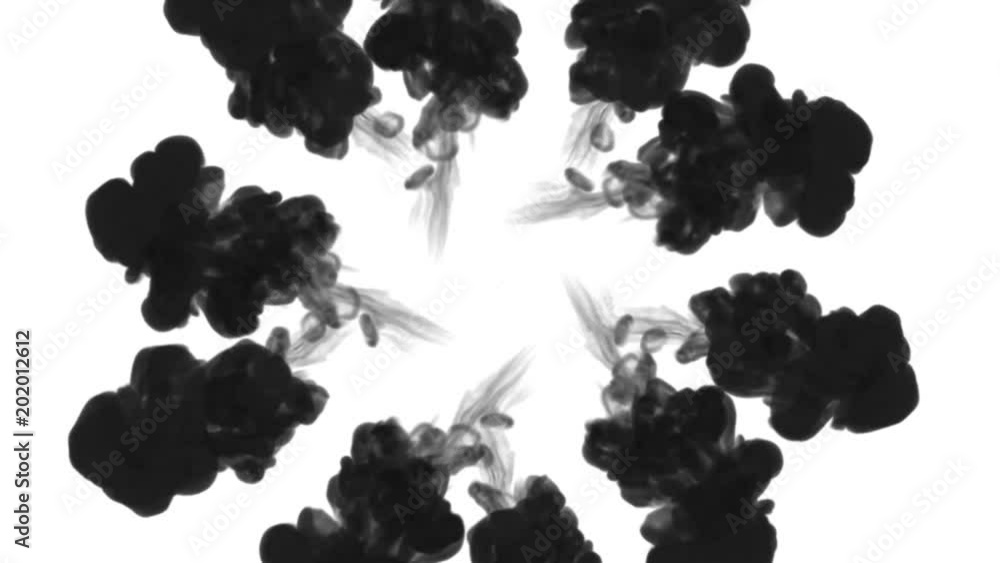 Aufkleber black ink dissolves in water on white background with luma matte. 3d render of computer simulation. 
