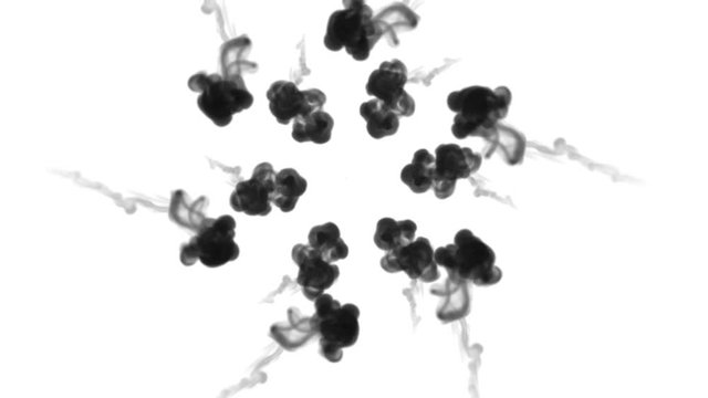 black ink dissolves in water on white background with luma matte. 3d render of computer simulation. V8 a lot of ink flows form round structure