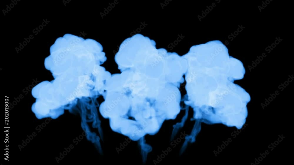Poster blue ink dissolves in water on black background with luma matte. 3d render of computer simulation. v