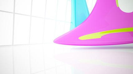 Abstract dynamic interior with colored gradient smooth objects. 3D illustration and rendering