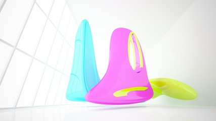 Abstract dynamic interior with colored gradient smooth objects. 3D illustration and rendering