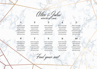 Wedding Seating Chart Poster Template.. Geometric design in rose gold on the marble background. Dimensions horizontal A3 format. Seamless marble pattern in the palette. - 202013431