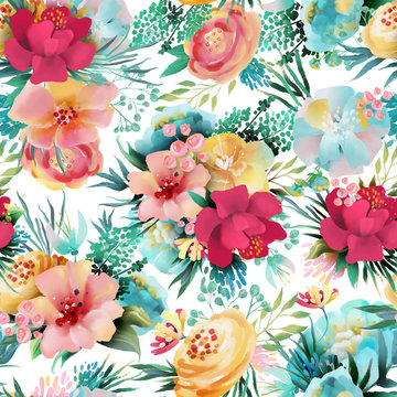 Beautiful, bright watercolor floral seamless pattern. Hand drawn flowers on white background