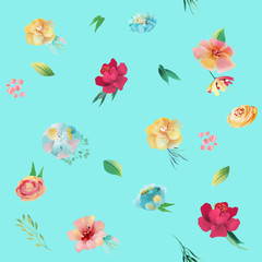 Beautiful, bright watercolor floral seamless pattern. Hand drawn flowers on blue background