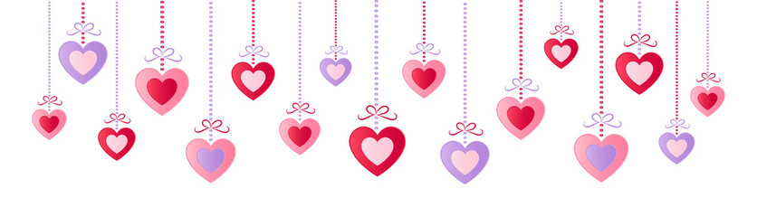 Panoramic header with hanging hearts isolated on white background. Valentine's Day, Mother's Day and Women's Day - decoration. Vector.