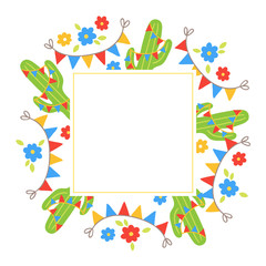 Fototapeta premium Festa Junina greeting card with garland, cactus, flower, leaves