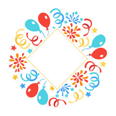 Festa Junina greeting card with firework, balloons, stars, ribbons