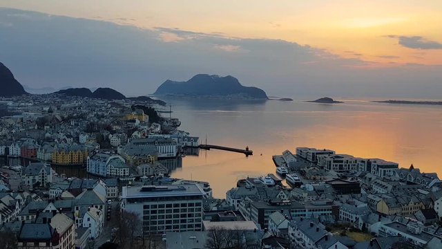 Beautiful Alesund town in Norway at sunset