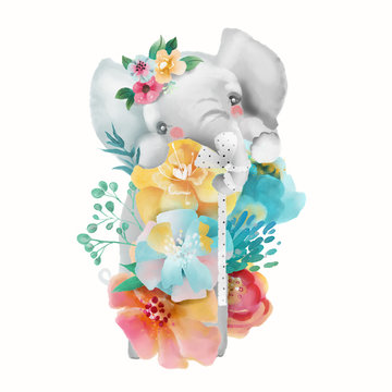 Cute watercolor baby animal elephant with floral wreath, tied bow and flowers bouquet isolted on white illustration