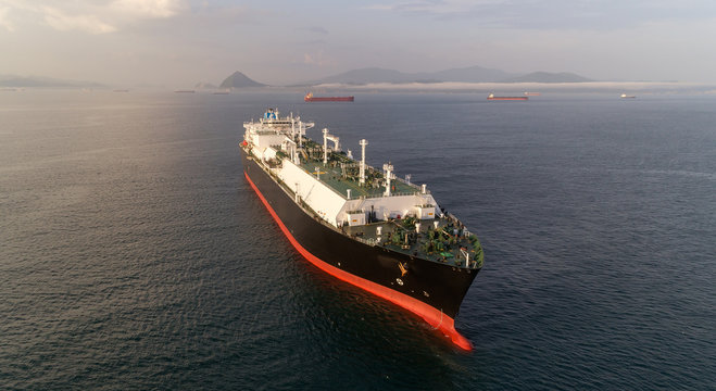 LNG-tanker at anchor in the road.