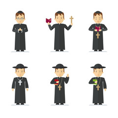 Set of Catholic priest. Pastor reads prayer, holds cross, bible and gospel, bless parishioners. Flat vector cartoon illustration. Objects isolated on a white background.