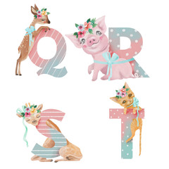 Cute watercolor alphabet with adorable baby animals deer, pig, giraffe, cat (kitten) with flower wreaths and tied bows. Letters Q, R, S, T - hand drawn uppercase characters