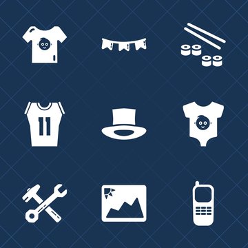 Premium set with fill icons. Such as business, hat, decoration, child, seafood, wrench, picture, fish, flag, baby, salmon, communication, roll, clothing, clothes, kid, stationary, image, phone, hammer