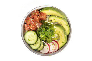 Hawaiian tuna poke salad on white with copy space