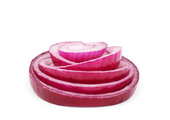 Sliced red onion rings, isolated on white background