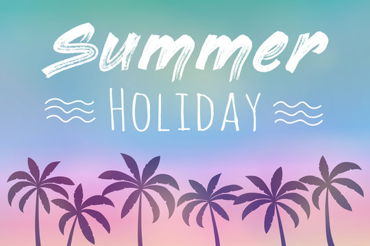 Summertime - silhouette of palm trees on colourful background. Poster with text. Vector.