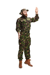 Young army soldier wearing camouflage uniform isolated on white