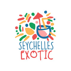 Seychelles island logo template original design, exotic summer holiday badge, label for a travel agency, element for design element for banner, poster, advertising hand drawn vector Illustration