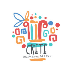 Crete island logo template original design, exotic summer holiday badge, label for a travel agency, element for design element for banner, poster, flyer, advertising hand drawn vector Illustration