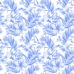Blue plumeria flowers and exotic palm leaves in seamless tropical pattern. White background.  Watercolor painting. Hand drawn and painted floral illustration.