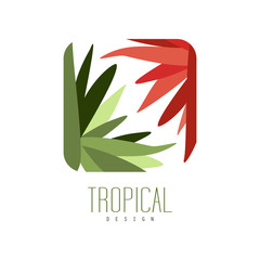 Tropical logo design, square geometric badge with leaves and flowers vector Illustration on a white background