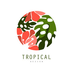 Tropical logo template design, round badge with palm leaves and red exotic flowers vector Illustration on a white background