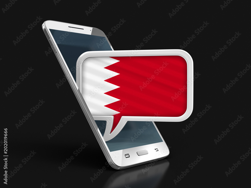 Poster touchscreen smartphone and speech bubble with bahrain flag. image with clipping path