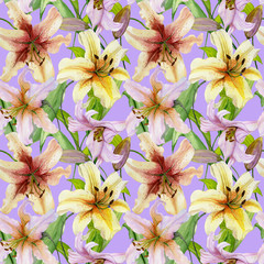 Beautiful lily flowers with green leaves on lilac background. Seamless floral pattern. Watercolor painting. Hand painted illustration.