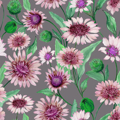 Beautiful blue and purple daisy flowers with green leaves on white background. Seamless spring pattern. Watercolor painting. Hand painted floral illustration.