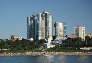 Fototapeta na wymiar Modern buildings on Volga River Embankment in Samara