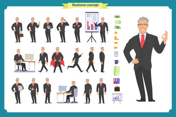Front, side, back view animated character. Manager character creation set with various views, hairstyles, face emotions, poses and gestures. vector illustration.People character
