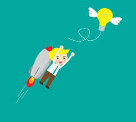 Startup Business. Businessman on a rocket. Flat design business concept illustration. lightbulb idea flying. vector