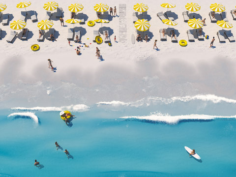 aerial top view on the beach with lots of beach umbrella. 3D rendering