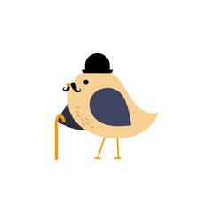 Vector bird with hat, mustache and walking stick
