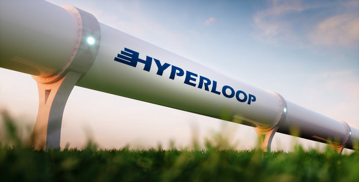 Hyperloop transportation concept. Futuristic transportation technology in morning nature. 3d rendering.