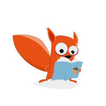 funny cartoon squirrel reading a book