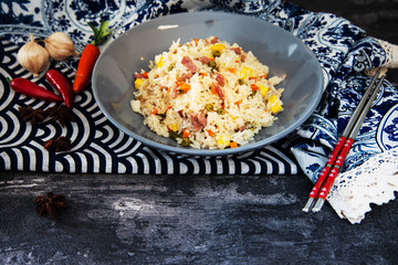 Cantonese fried basmati rice with ham and eggs