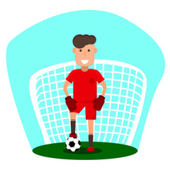 Little goalkeeper. A young man is going to play football. Kid with a soccer ball in front of goal. Flat style.