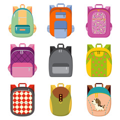 School, college or tourist backpack set. Book bag with different colors and patterns of unicorns, dog, rhombuses, circles, etc. Vector cartoon flat icons isolated on white background.