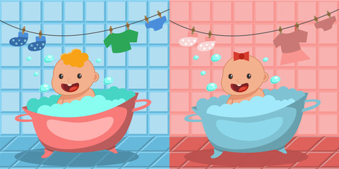 Cute happy baby bath. Boy and girl bathing in a tub with foam bubbles. Vector cartoon illustration of a kids bathroom and garland with washed clothes.