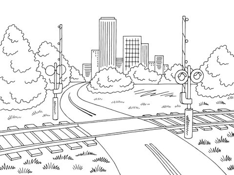 Railroad crossing road graphic black white city landscape sketch illustration vector