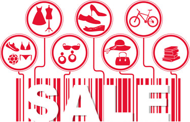 Barcode with Sale and Icons in red