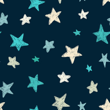 Vector kids pattern with doodle textured stars. Vector seamless background, blue, gray, white, scandinavian style