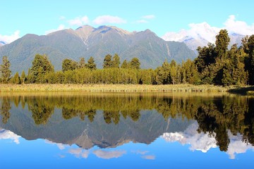 Mirror-reflection Lake Matheson, New Zealand in April 2012